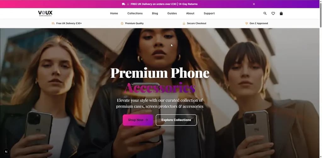 VOUX Shopify homepage designed for conversion and fast navigation