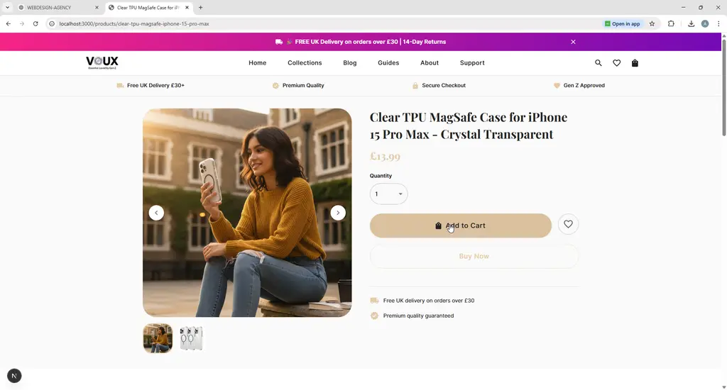 VOUX Shopify product page layout optimised for clarity